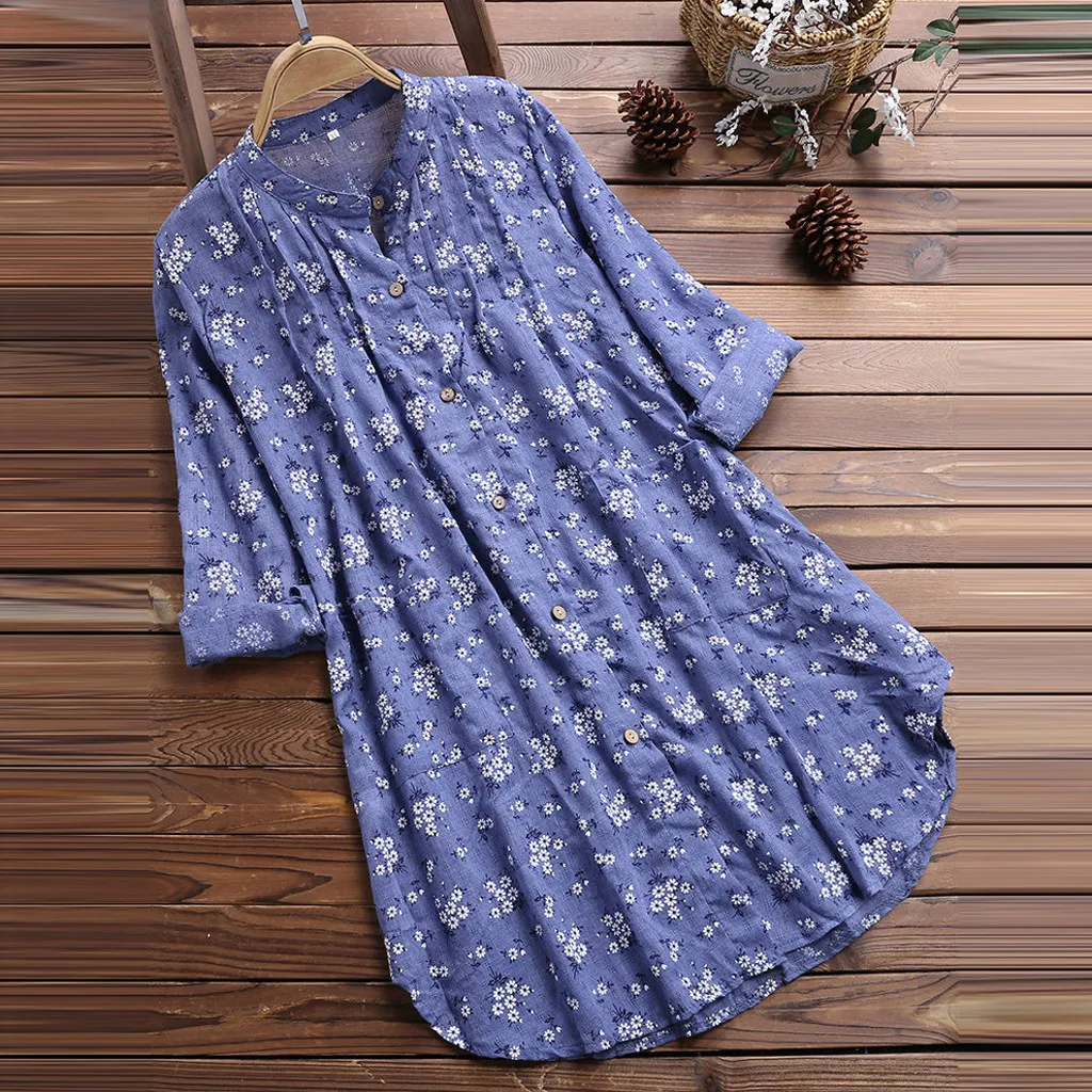Женская плиссированная Однотонная рубашка с v-образным вырезом и цветочным принтом, большие размеры, повседневное длинное пальто с длинными рукавами, рубашка#30