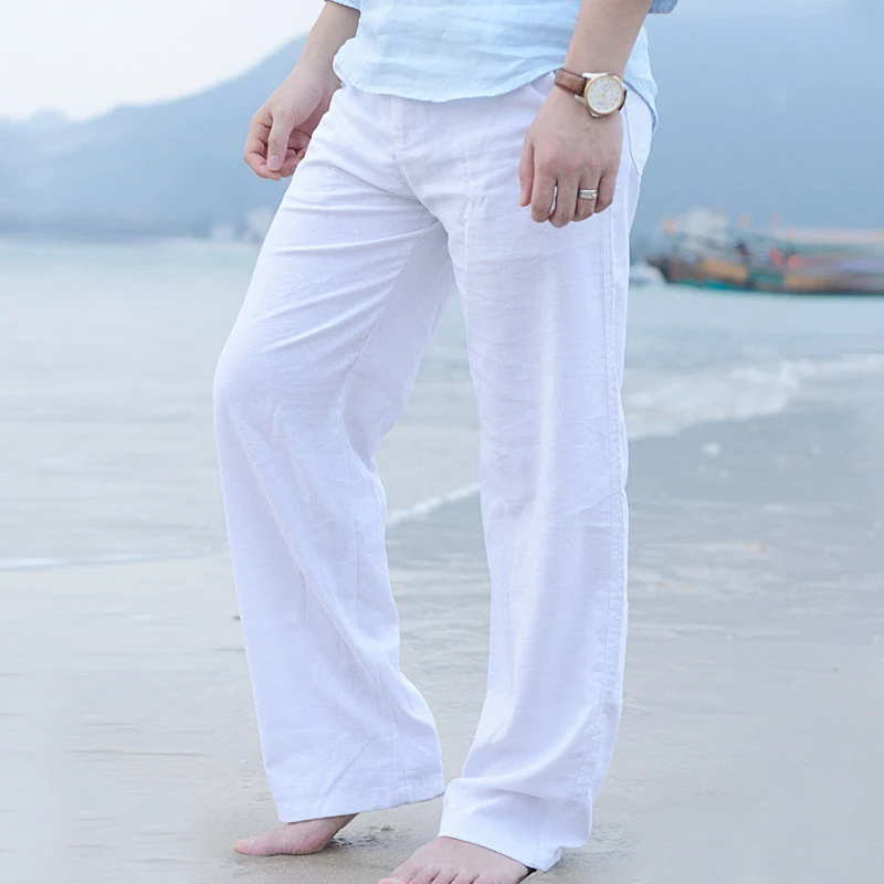 Повседневные мужские хлопковые льняные прямые брюки белые льняные Эластичные на талии для отдыха пляжные мужские длинные штаны размера плюс