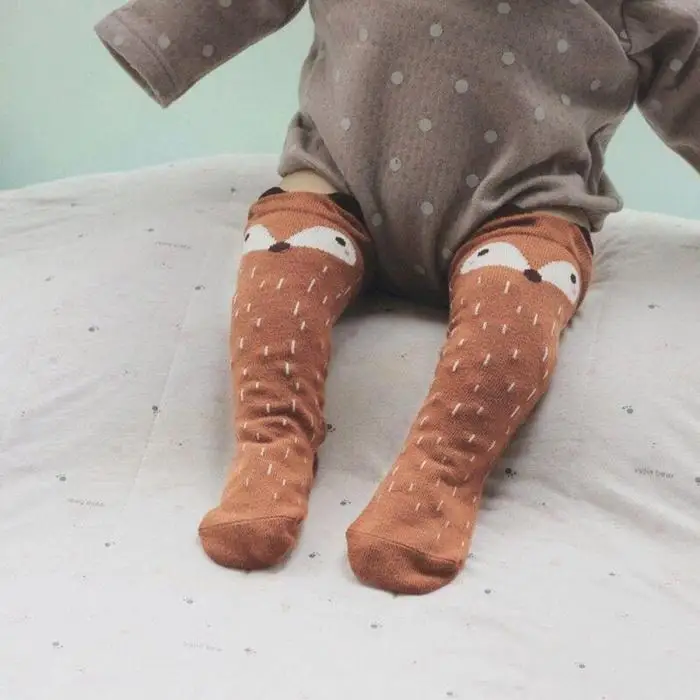 Теплые хлопковые носки с изображением лисы для новорожденных, Детские Носки с рисунком кролика Хлопковые эластичные высокие носки для малышей длинные гольфы
