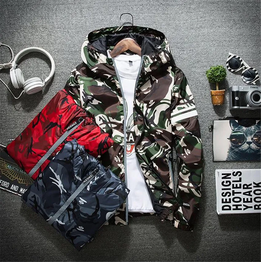Горячая 2019 Весна для мужчин новый High Street Тонкий с капюшоном s куртка модный бренд повседневное дикий камуфляж печати Бейсбол куртк
