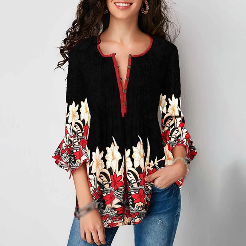 

Women Ladies Summer Loose Tops Stylish Baggy Retro Blouse Clothing Ruffles Vintage Fashion Printed Shirt V Neck
