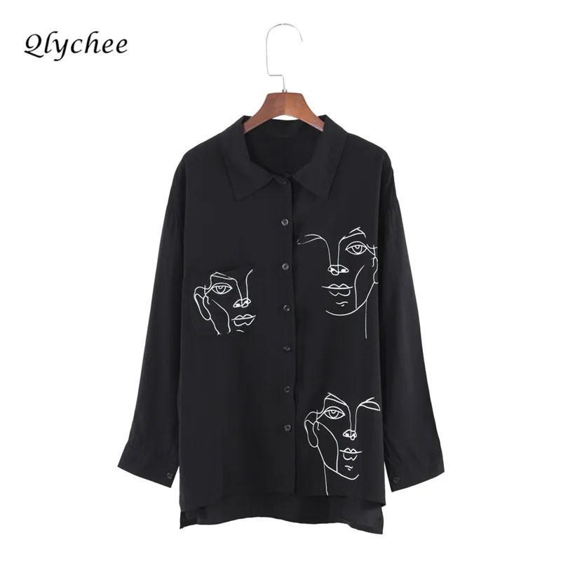 Skup Qlychee Apparel Szyfonu Bluzka Damska Odzież Twarzy Drukuj Koszula Skręcić w d oacute;ł Kołnierz Z Długim Rękawem Topy Elegancka Długa Koszula blusas