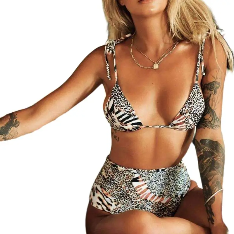 

Women Sexy Two Piece Bikini Set Boho Vintage Leopard Patchwork Swimsuit Self-Tie Straps Bra High Waist Thong Padded Bathing Suit