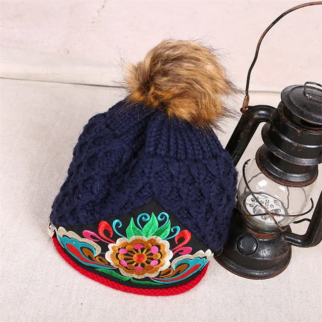 Best price at $101 Cheap BOHOCHIC Original Apparel Accessories EthnicVintage Embroidery Bohemian 2016 Winter Woman Knitted Hat Dark Blue AR0173D Boho