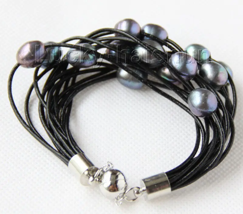 

Free Shipping >>>>> 8" 13mm 15row black pearls black leather bracelet j9682