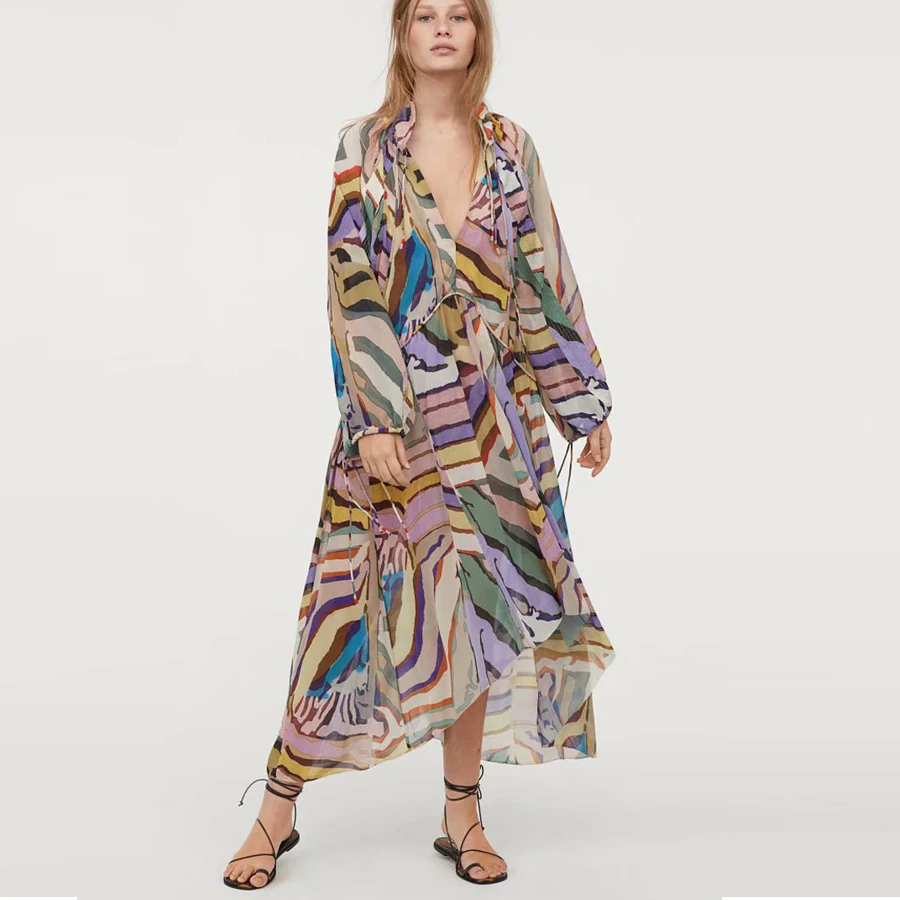 TEELYNN Boho dresses chiffon striped print v-neck long sleeve summer Irregular hem women Gypsy Vestidos | Женская одежда