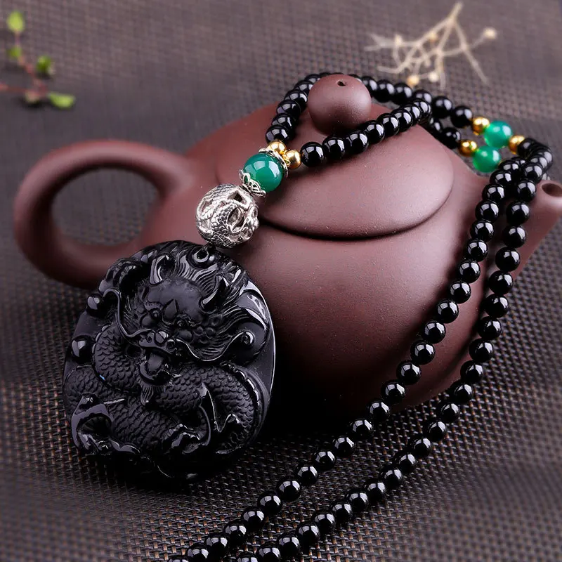 

100% S925 sterling silver natural semi-precious stone obsidian dragon sweater women's chain pendant
