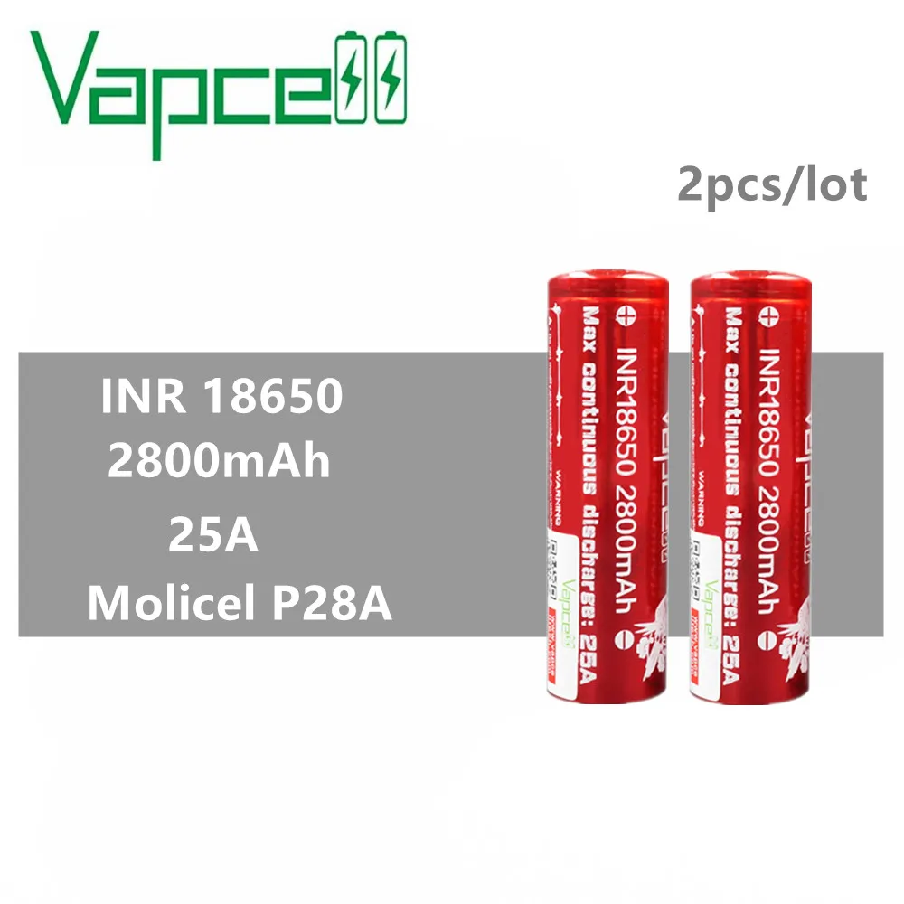 

2pcs Original vaper cell Vapcell INR 18650 battery 2800mah 25A Molicel P28A 3.7v qualified products charger battery E-CIG smoke