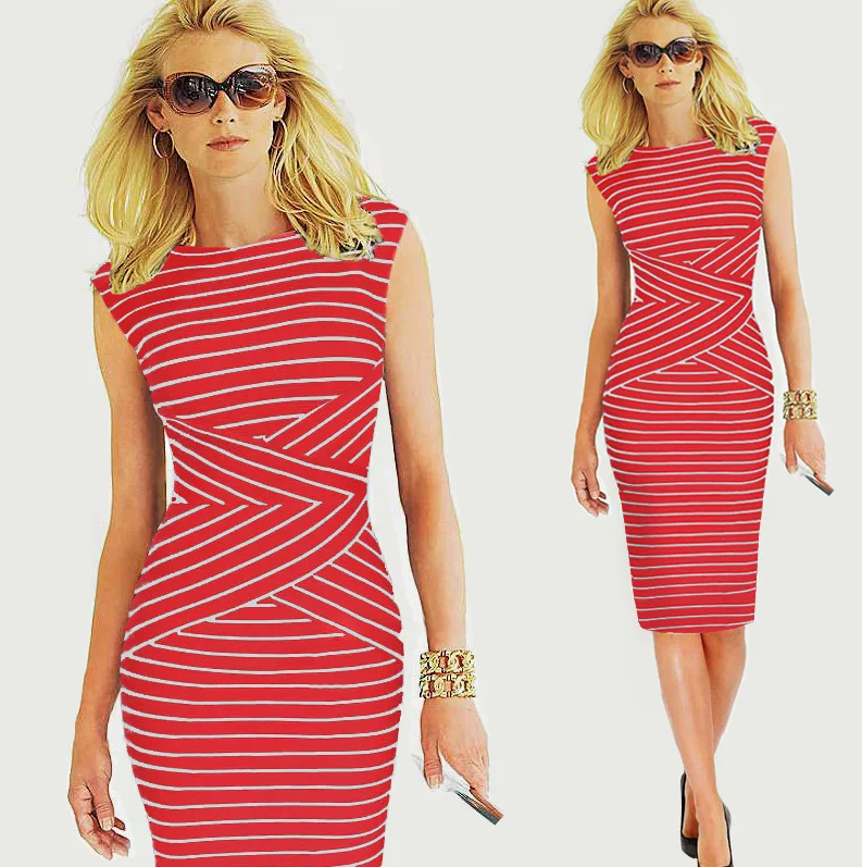 2015 womens ladies fashion striped print bodycon pencil dresses knee