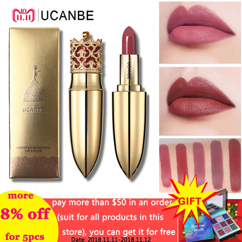 UCANBE Brand Crown Velvet Matte Lipstick Makeup Golden 5 Color Nude Long Lasting Pigment Lips Stick Natural Cosmetic Lip Rouge
