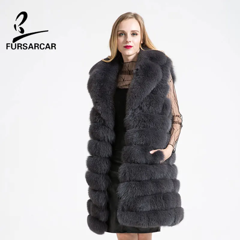 FURSARCAR Роскошные натуральным лисьим мехом жилет с большой отложной меховой воротник Для женщин Зимняя теплая плотная куртка реальные Natrual лисий мех жилет