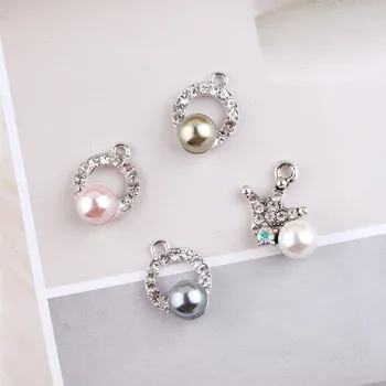 

2017 New 30pcs Pearls/Rhinestone decoration Alloy Silver Tone Cartoon Rounds Rings/Crown Shape Charm Diy Jewelry Earring Pendant