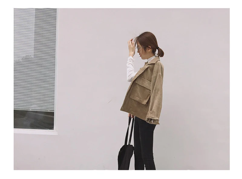 Scsech Women Jacket Corduroy Retro Double Pocket Wind Loose Baseball Short Jacket Coats Spring And Autumn Casual Jacket D8A129 (9)