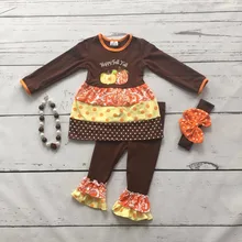 Bébé filles Automne/Hiver thanksgiving vêtements heureux automne y’all citrouille tenues enfants brun top polka dot pantalon avec accessoires