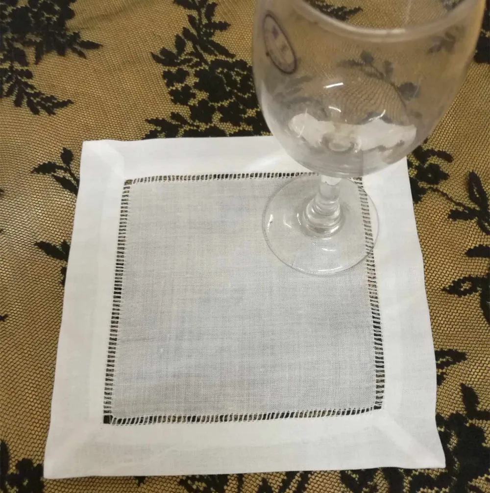 

Se of 120 Handkerchiefs White Linen Hemstitched Cocktail Napkins 7" Cup mats Table Cloth Coasters dress up any Cocktail Party