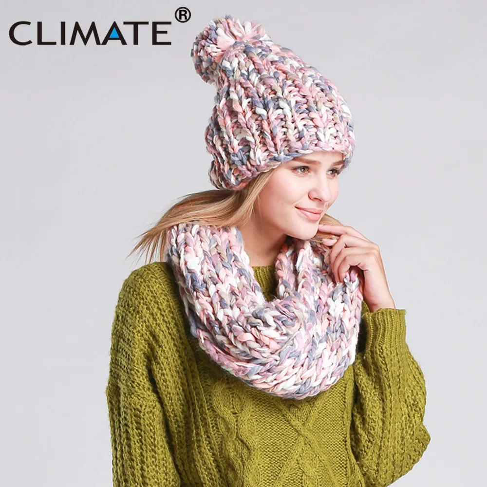 CLIMATE Women Winter Hat And Scarf Set Warm Girls Lady Knit Pompom Beanie Sacrf Sets Women Bonnet Collar Pom Hat Scarf Hat Sets 5