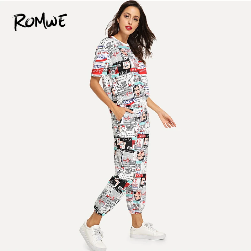 

ROMWE Comic Print Tee Drawstring Waist Pants New Style Fashion Women Spring Autumn 2 Piece Set Female Chic Two Piece Set