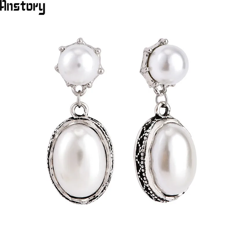 

Oval Pearl Earrings Stud For Women Antique Silver Plated Octagonal Flower Pendant Fashion Jewelry