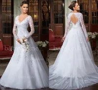 2013 Long sleeved A Line Open Back Lace Wedding Dresses with V Neckline Tulle Appliques Bridal Gown LT07