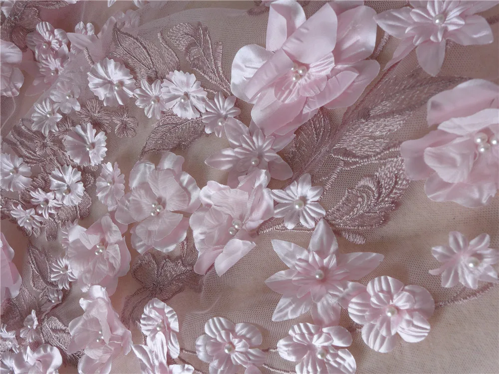 130 см широкое свадебное платье Тюль кружевная ткань в розовом 3D вышивка ткани цветы с жемчугом бисером по двору