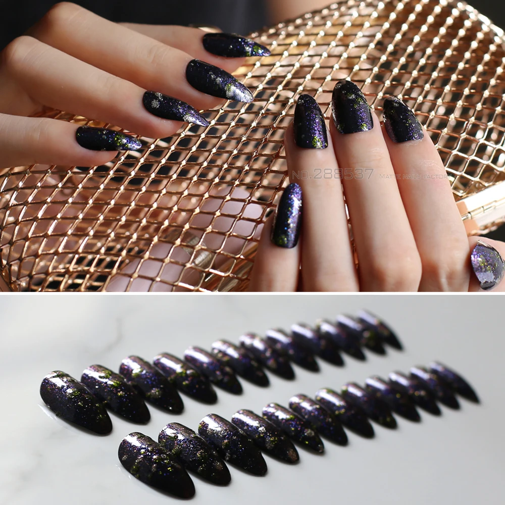 Stiletto Nails Acrylic 24pcs Blue Or Yellow Silver 3d Glitter Diy Galaxy Fashion Pointed False Nails Medium Almond Fake Nail False Nails Aliexpress