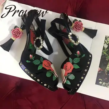 

Prowow New Genuine Leather Printed Floral Summer Sandals Open Toe Crystal Beading High Heel Sandals Shoes Women