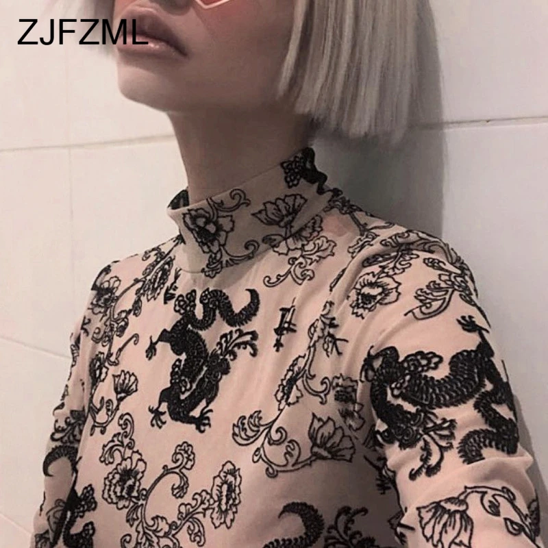 Peony and Dragon Print Transparent Mesh Sexy Bandage Bodysuit Women Long Sleeve High Neck Club Romper Ladies Bodycon Overalls