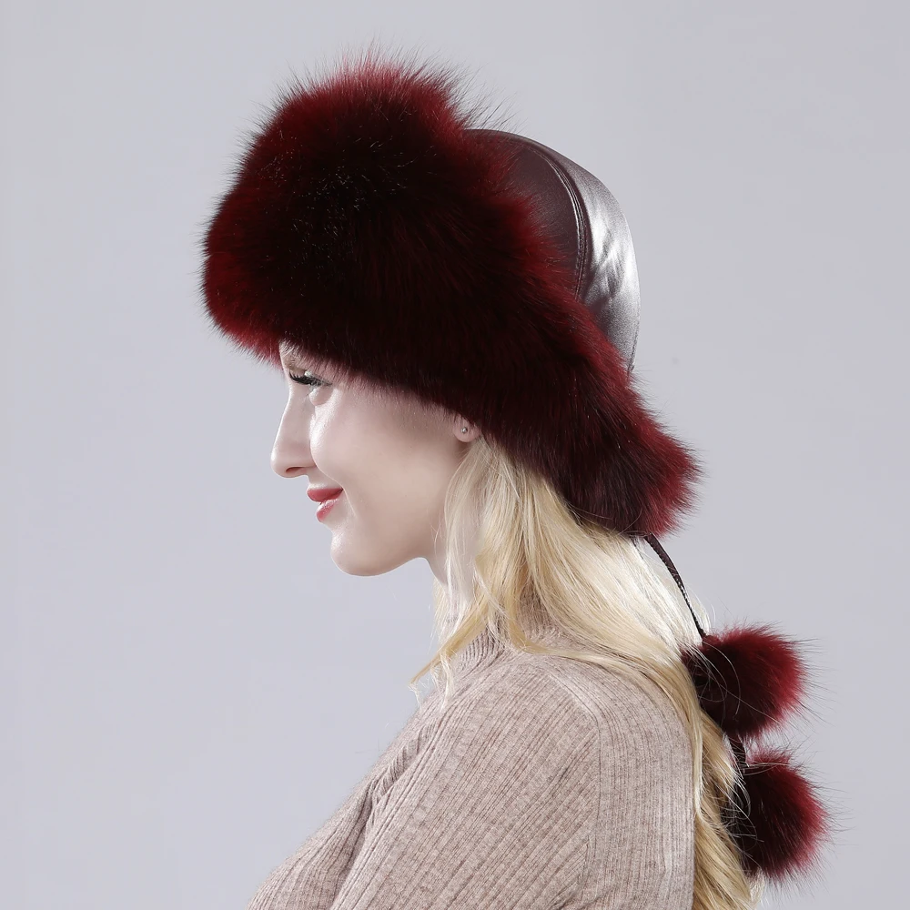 Russian Winter Natural Fox Fur Hat Warm Soft Fluffy Real Fox Fur Bomber Hats Luxurious Women Quality Handmade Real Fox Caps