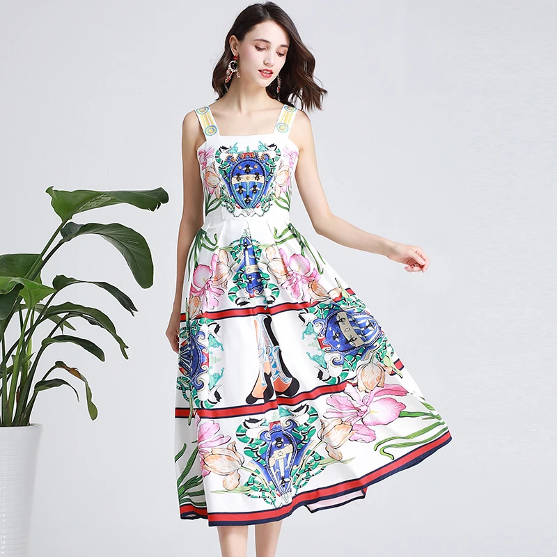 

2019 Autumn Pretty Print Spaghetti Strap Dress High Quality Sweet Sexy Mid-Calf Length Beading Dress