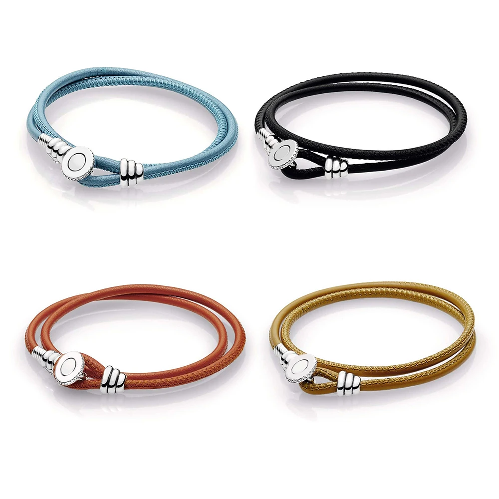 

4 Colors Double Leather Bracelet 100% 925 Sterling Silver Leather Bracelet Fit European Charms Diy Jewelry