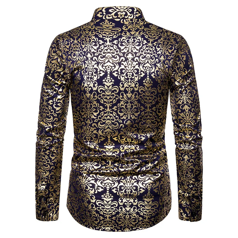 Shiny Gold Floral Print Mens Shirts Casual Slim Fit Long Sleeve Mandarin Collar Shirt Men Club Party Bronzing White Shirt Camisa