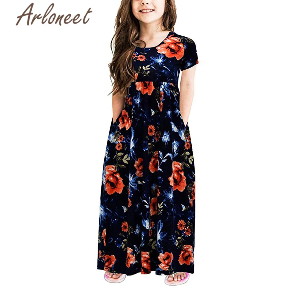 

ARLONEET Clothes Children girl long dress Floral print casual dress cotton 2019 Summer kids party princess girls Tulle dresses