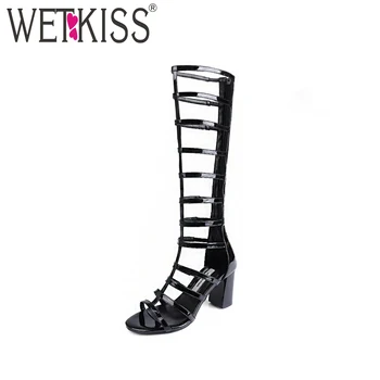 

WETKISS Gladiator Knee Boots High Women Open Toe Square Heels Pu Footwear Zipper Fashion High Heels Summer Ladies Shoes 2018