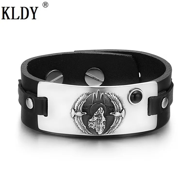 

Howling Wolf Bracelets Wild American Eagles Amulet Tag Simulated Black Onyx Adjustable Real Leather Bracelet Stainless Jewelry
