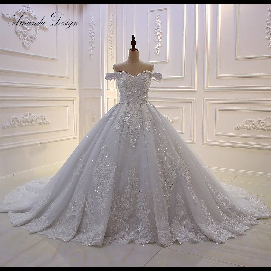 

Amanda Design Off Shoulder Short Sleeve Lace Applique Patterns Wedding Dress Lace