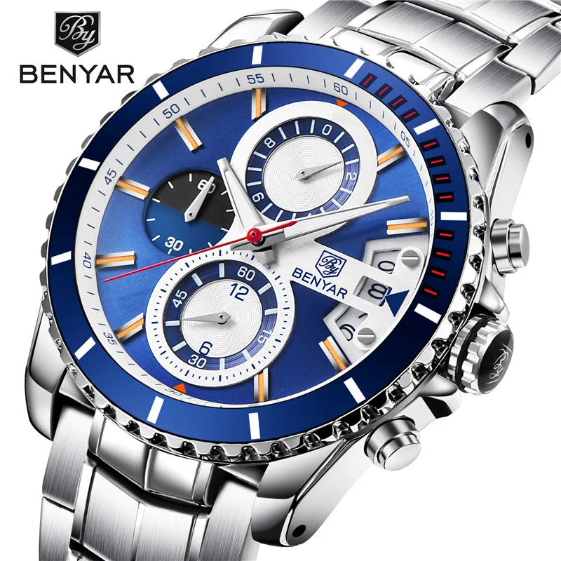 

BENYAR 2019 Mens Watches Top Brand Quartz Men Watch Chronograph Luxury Waterproof Sport Male Stainless Steel Strap Man Clock