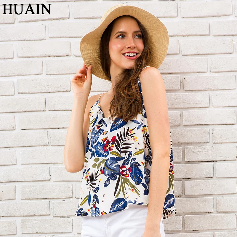 

Women Shirt Sleeveless Spaghetti Strap Floral Print Summer Top Fashion 2018 V-neck Camis Ladies Tank Tops Casual Female Clothing