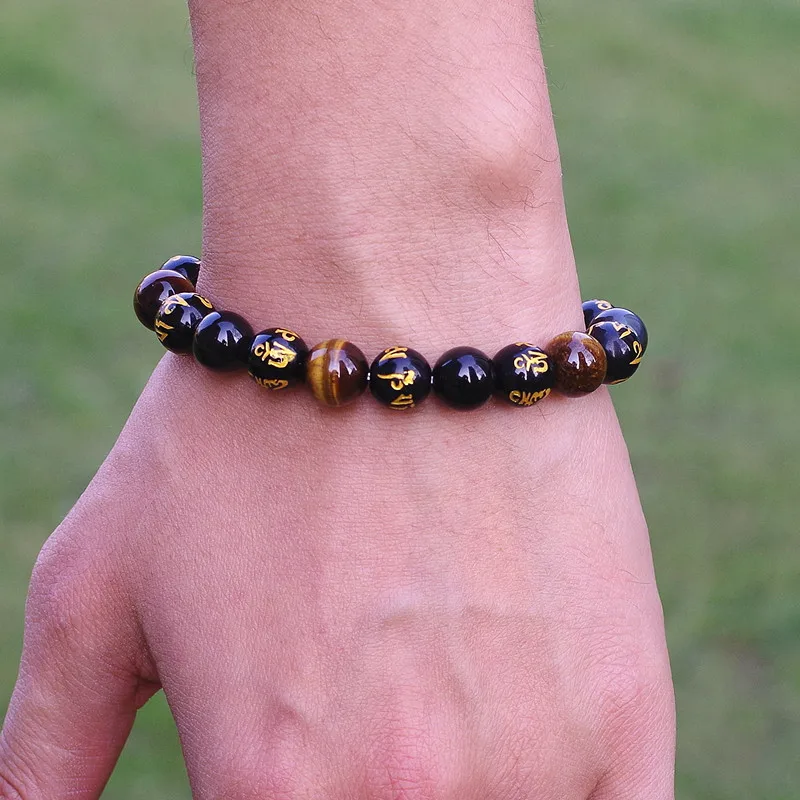 

10mm Tiger Eye Black Obsidian Mantra Beads Bracelet Men's Fashion Charm Bracelet Handmade DIY Jewelry Bracelet Pour Homme