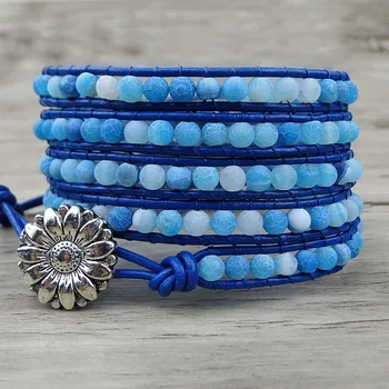 

Boho 5 Wrap Bracelet gypsy Leather wrap bracelet Matt finished blue beads bracelet natural stone Jewelry yoga wrap jewelry