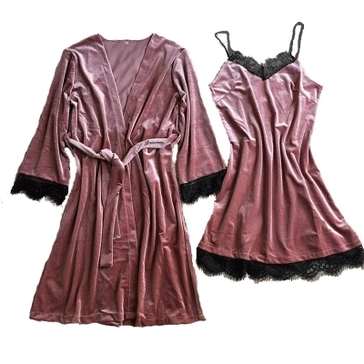 Осенне-зимний женский бархатный халат и платье, комплекты, роскошные кружевные сексуальные женские пижамы с v-образным вырезом, ночная рубашка+ халат, комплект из 2 предметов