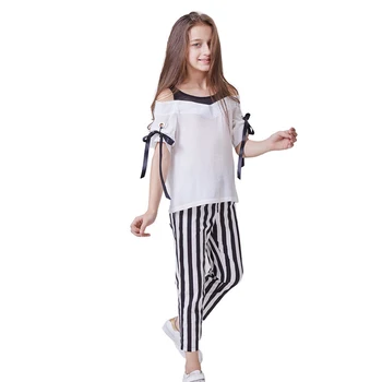 

Girls summer children's off-shoulder top + cotton striped pants 2 sets of children's suits