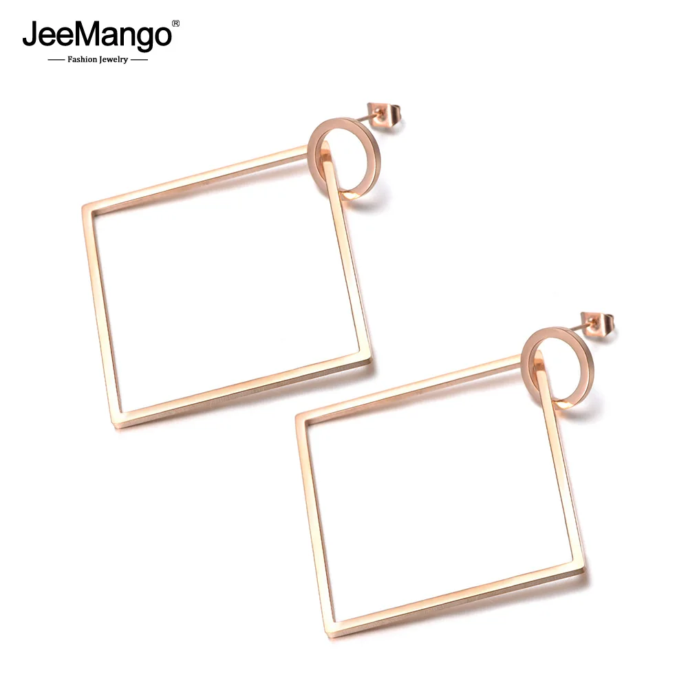 

JeeMango Trendy Jewelry Punk Style Square Circle Exaggerated Earrings Rose Gold Color Stainless Steel For Women Girls JE18075