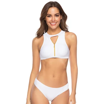 

2019 Bikini Set Sexy Solid Swimming Suit For Women Zipper Swimwear Hollow High Neck Bathing Suit Maillot