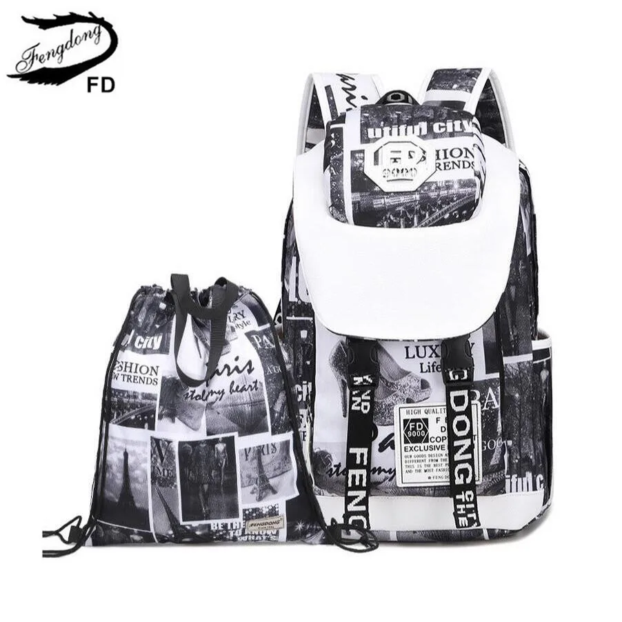 FengDong feminine fashion letters printing laptop backpack women travel bags black and white big school bags