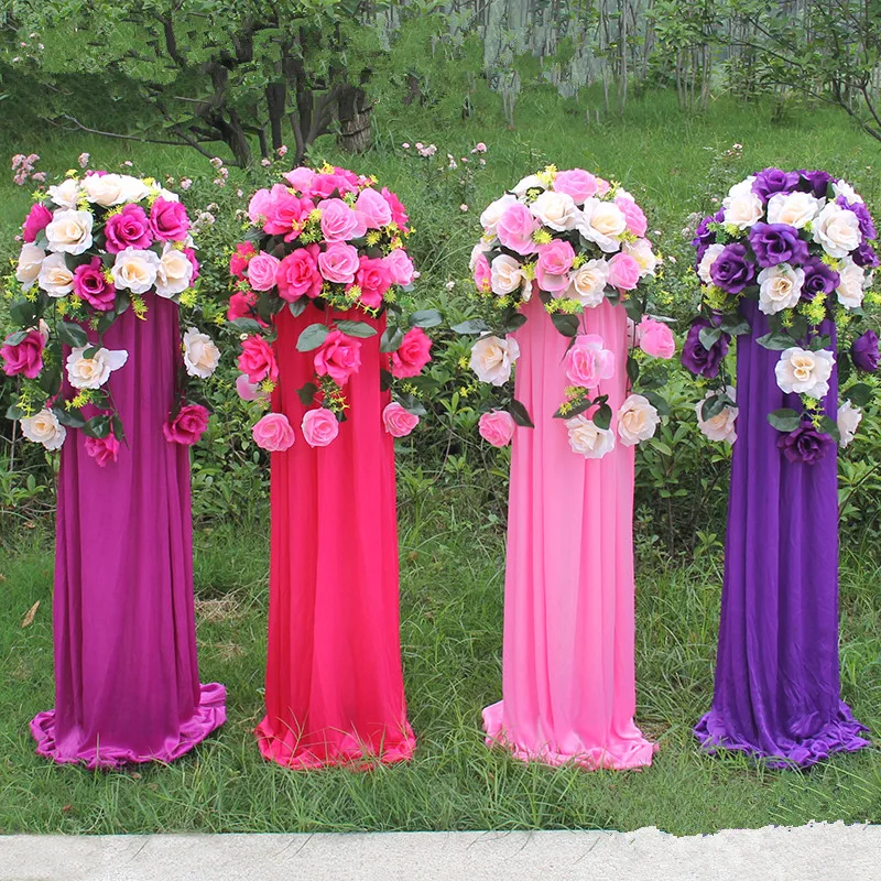 

Party Decor Pillars Iron Stand With Stain Cloth Artificial Rose Flower Roman Column For Wedding Decoration Guide Shooting Props