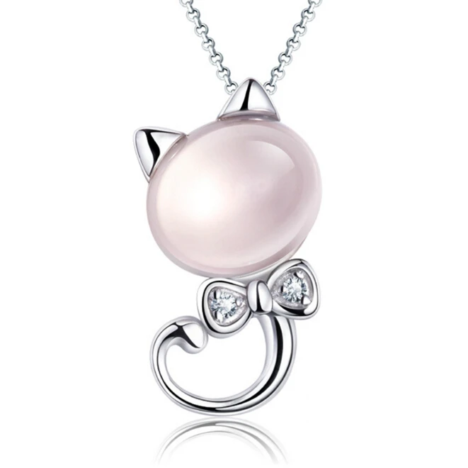 Anenjery, 925 пробы, серебряный, розовый, лунный светильник, камень, кошка, подвеска, ожерелье для женщин, подарок 45 см, коробка, цепочка, ожерелье-колье, S-N75