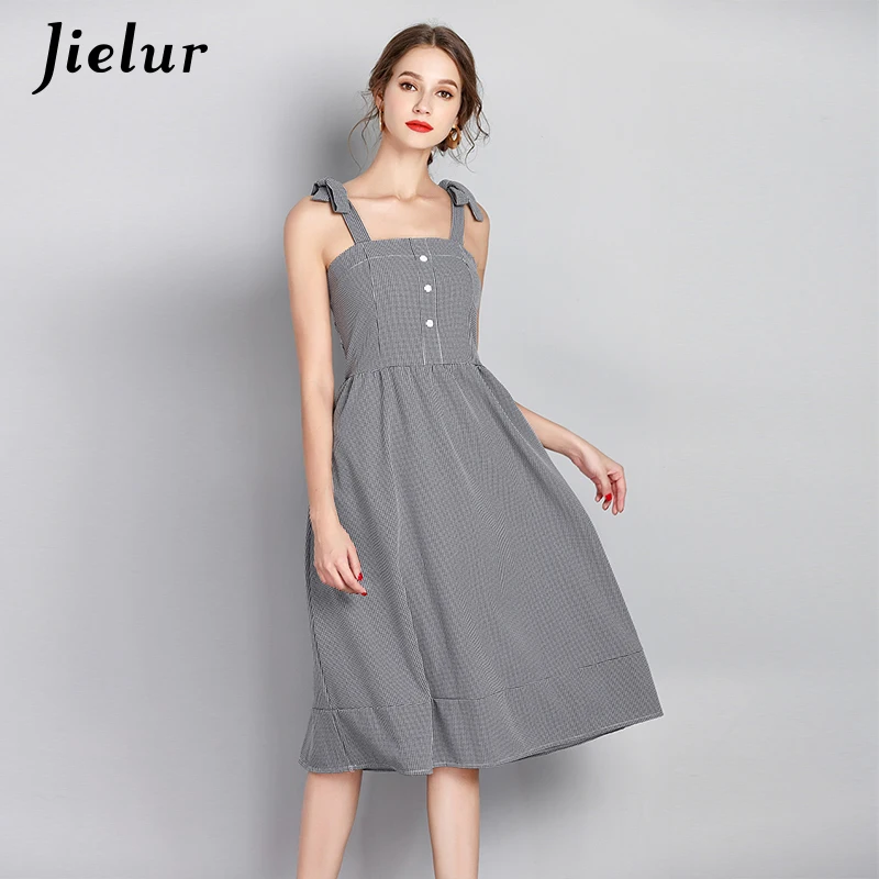 Jielur Korean Fashion Buttons Plaid Spaghetti Strap Dresses Fresh