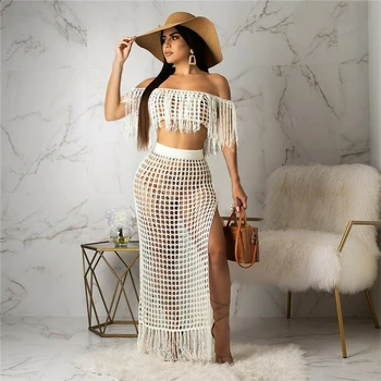 

Women Sexy Mesh Bikini Cover up Off Shoulder Tassels Hollow Out Sleeveless Beach Dress Elegant Ladies Beachwear Bathing Suits