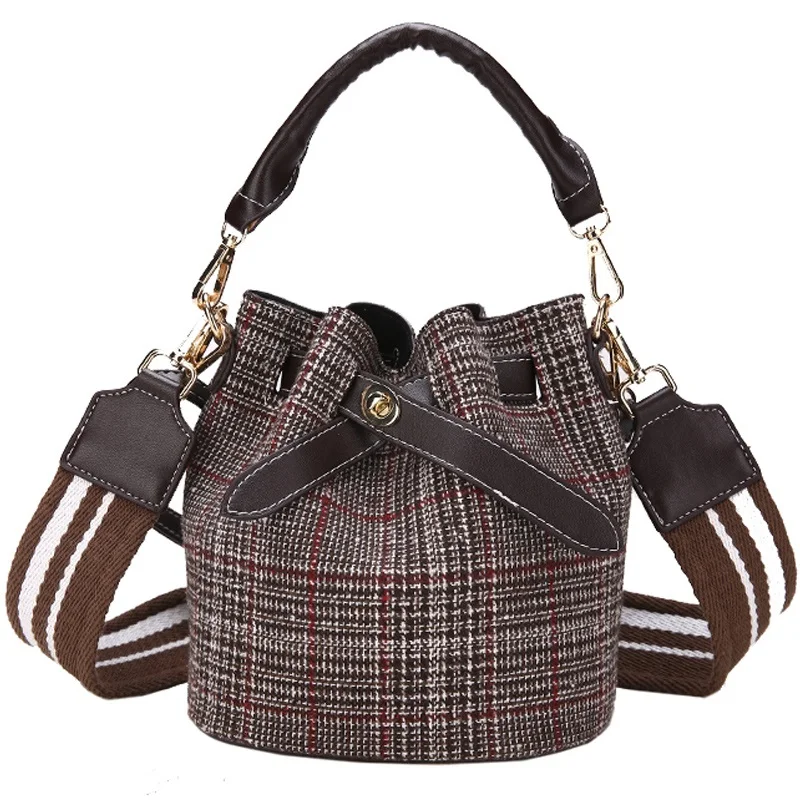 Fashion Plaid Wool Bucket Bag Purse Handbags Women&#39;s Wide Colorful Strap Handbag New Mini ...