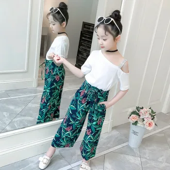 

girls clothing sets white blouse children top+chiffon pants 2019 summer pattern fashion kids outfits